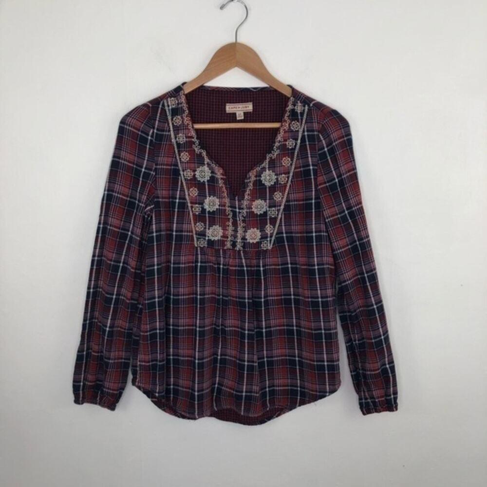 Cape Juby Plaid Embroidered V Neck Peasant Top Size Small